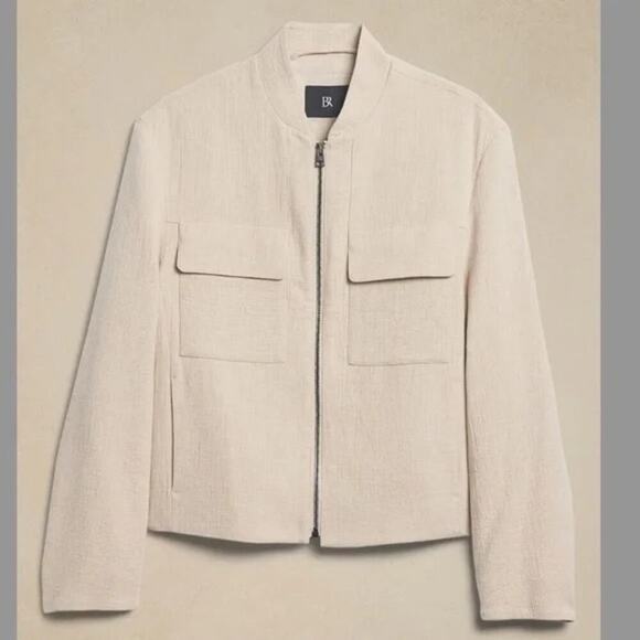 BANANA REPUBLIC Bella Bomber Jacket Cotton Linen Full Front Zip Cream W's Large - Picture 2 of 11